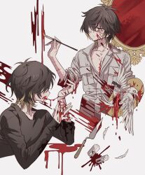 Rule 34 | 1boy, art brush, bad id, bad pixiv id, bird, black shirt, bleeding, blood, blood on clothes, blood on face, blood on hands, blood splatter, brown hair, cuts, dead animal, entrails, hand up, hands up, highres, holding, holding paintbrush, holding palette, injury, long sleeves, looking to the side, male focus, meremero, mirror, multicolored hair, multiple views, organs, paintbrush, painting (action), palette (object), palette knife, razor blade, scar, scar on face, self-harm, self-harm scar, shirt, short hair, slow damage, towa (slow damage), upper body, wrist cutting, yellow eyes