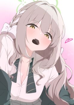 Rule 34 | 1girl, absurdres, blue archive, bow, bowtie, braid, candy, chocolate, chocolate heart, choppy bangs, commentary request, diagonal-striped bow, diagonal-striped bowtie, diagonal-striped clothes, flower halo, food, food in mouth, green bow, green bowtie, green halo, hair bow, hair ribbon, halo, heart, heart-shaped food, highres, looking at viewer, miyo (blue archive), mouth hold, ribbon, ribbon braid, saku-ra (sakura3hub), smile, solo, striped bow, striped bowtie, striped clothes, white bow