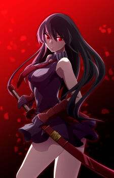 Rule 34 | 10s, 1girl, akame (akame ga kill!), akame ga kill!, bare shoulders, black gloves, black hair, female focus, gloves, highres, katana, kokutou, long hair, looking at viewer, looking back, necktie, red eyes, red theme, sitting, skirt, sleeveless, socks, solo, sword, vambraces, very long hair, weapon