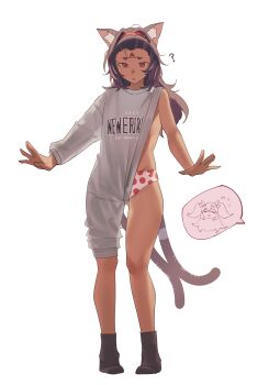 1girl ? absurdres alternate_costume animal_ear_fluff animal_ears aragiken barcode barcode_tattoo black_hair black_socks brooklyn_sweater_(meme) cable cable_tail cat_ears cat_girl cat_tail commentary english_commentary facial_mark flying_sweatdrops forehead_mark forehead_tattoo full_body hair_intakes hairband highres long_hair mechanical_tail meme multiple_tails nekomiya_mana nicole_demara onesie open_mouth panties polka_dot polka_dot_panties red_eyes red_hairband short_eyebrows simple_background socks spoken_character tail tattoo triangle triangle_facial_mark two_tails underwear white_background zenless_zone_zero