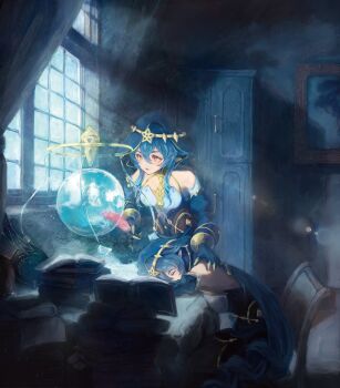 Rule 34 | 2girls, absurdres, blue hair, blue hood, blue sleeves, blue veil, book, book stack, cabinet, chair, claw ring, closed eyes, commentary request, curtains, drill hair, drill sidelocks, dual persona, genshin impact, gold choker, highres, hood, hood up, jewelry, layla (genshin impact), multiple girls, neck ring, open book, pointy ears, quill, sidelocks, sleeping, suke omi, twin drills, veil, window, yellow eyes