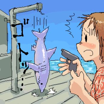 1girl blush far_cry far_cry_1 female_focus gun handgun kikai_(akita_morgue) lowres oekaki outdoors pier pistol shark solo water weapon what