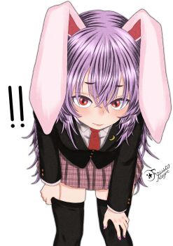 ! !! adjusting_clothes adjusting_legwear animal_ears black_thighhighs blush collared_shirt commentary crescent crescent_pin double-parted_bangs glitched_satellite gold_buttons hair_between_eyes hand_on_own_knee highres jacket leaning_forward long_hair looking_at_viewer necktie pink_hair pink_nails plaid_clothes plaid_skirt pleated_skirt rabbit_ears red_eyes red_necktie reisen_udongein_inaba shirt signature skirt standing suit_jacket symbol-only_commentary thighhighs touhou white_shirt worried zettai_ryouiki