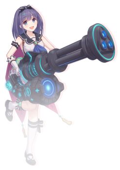 Rule 34 | 1girl, :d, ascot, black bow, black shoes, blue ascot, blue eyes, blush, bow, breasts, cape, drop shadow, full body, gloves, hair bow, holding, holding weapon, huge weapon, kneehighs, looking at viewer, medium hair, misora (princess connect!), official art, open mouth, pink cape, princess connect!, purple hair, shirt, shoes, sidelocks, simple background, skirt, sleeveless, sleeveless shirt, smile, socks, solo, standing, standing on one leg, tachi-e, transparent background, weapon, white gloves, white shirt, white skirt, white socks