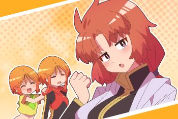 3girls absurdres breasts closed_eyes commentary_request elpeo_puru gloves gundam gundam_zz hands_on_another&#039;s_shoulders highres large_breasts light_blush long_hair looking_at_viewer marida_cruz mecha_pilot_suit midriff military_uniform multiple_girls navel neo_zeon normal_suit_(gundam) onimaru_(onimal7802) orange_hair puru_two red_gloves red_hair science_fiction short_hair small_breasts smile standing upper_body