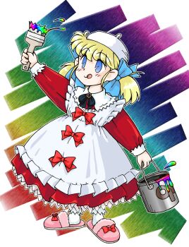1girl :q absurdres apron arm_up beret black_bow black_bowtie blonde_hair blue_bow blue_eyes bobby_socks bow bowtie bucket closed_mouth commentary_request dress footwear_bow frilled_apron frilled_dress frills full_body hair_bow hat highres holding holding_bucket holding_paintbrush layered_dress layered_sleeves long_dress looking_at_object medium_hair minakami_marin original paint_can paintbrush pink_slippers rainbow_background rainbow_gradient red_bow red_dress short_twintails slippers smile socks solo standing tongue tongue_out twintails white_apron white_hat white_socks