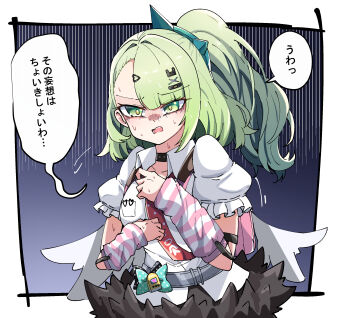 Rule 34 | 1girl, arm warmers, bandaid, bandaid hair ornament, black skirt, caseee999, collar, collarbone, commentary request, frilled sleeves, frills, fur-trimmed skirt, fur trim, green eyes, green hair, hair ornament, heart, heart hair ornament, highres, looking at viewer, multiple hair clips, necktie, open mouth, pink arm warmers, pink bag, ponytail, red necktie, shirt, skirt, solo, speech bubble, striped arm warmers, sunna (zenless zone zero), sweat, translation request, upper body, white shirt, white wings, winged bag, wings, zenless zone zero