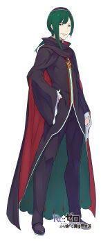 absurdres black_cloak black_hat black_pants black_robe black_shoes brown_eyes clenched_hand cloak commentary_request copyright_name dress_shoes full_body green_hair hand_on_own_hip hat highres hood hooded_cloak juice_(re:zero) long_hair long_sleeves looking_at_viewer low_ponytail multicolored_cloak official_art ootsuka_shin&#039;ichirou pants ponytail re:zero_kara_hajimeru_isekai_seikatsu red_cloak robe shoes simple_background smile solo standing tachi-e teeth title two-sided_cloak two-sided_fabric two-tone_cloak white_background wide_sleeves