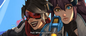 2girls artist_name assault_visor black_lips blue_eyes breikka brown_hair captain_lacroix english_text evil_smile gun heterochromia jacket long_hair multiple_girls operative_oxton overwatch red_eyes red_goggles red_scarf rifle scarf short_hair smile sniper_rifle surprised tracer_(overwatch) weapon widowmaker_(overwatch) yellow_eyes