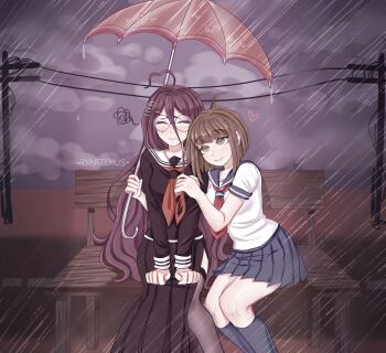 2girls ahoge black_serafuku black_shirt black_skirt blue_sailor_collar blue_skirt blue_socks blush breasts brown_hair clenched_hands closed_eyes closed_mouth cloud cloudy_sky collared_shirt commentary danganronpa_(series) danganronpa_another_episode:_ultra_despair_girls english_commentary eyelashes fukawa_toko glasses green_eyes hair_between_eyes hair_ornament hairclip hand_on_another's_arm heart highres holding holding_umbrella leaning_on_person long_hair long_sleeves mole mole_under_mouth multiple_girls naegi_komaru neckerchief necktie on_bench outdoors purple_hair rain red_neckerchief red_necktie round_eyewear ryyy_(ryartchus) sailor_collar school_uniform serafuku shared_umbrella shirt short_hair short_sleeves sitting skirt skirt_set sky smile socks squiggle thighhighs torn_clothes torn_neckerchief umbrella utility_pole wavy_mouth white_sailor_collar white_shirt yuri