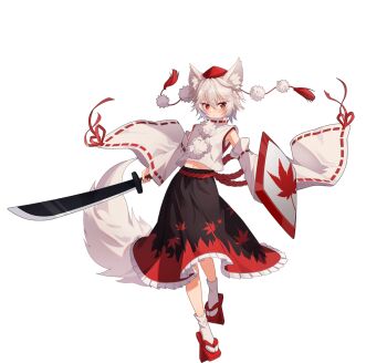 Rule 34 | 1girl, animal ear fluff, animal ears, artist request, black skirt, frilled skirt, frills, full body, game asset, grey hair, hat, holding, holding shield, holding sword, holding weapon, inubashiri momiji, leaf print, looking at viewer, maple leaf print, non-web source, official art, pom pom (clothes), print skirt, red eyes, red hat, red sandals, red skirt, sandals, self-datamine, shield, shirt, short hair, simple background, skirt, sleeveless, sleeveless shirt, socks, solo, sword, tail, tokin hat, touhou, touhou arcadia record, transparent background, two-tone skirt, weapon, white shirt, white socks, wolf ears, wolf girl, wolf tail