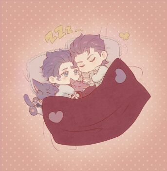 2boys ace_attorney barok_van_zieks brothers chinese_commentary closed_eyes commentary_request heart highres holding holding_stuffed_toy kaze_(yznyttdgs) klint_van_zieks male_focus multiple_boys orange_background pillow polka_dot purple_hair shared_blanket shirt short_hair siblings sleeping stuffed_animal stuffed_cat stuffed_toy the_great_ace_attorney u_u white_shirt zzz