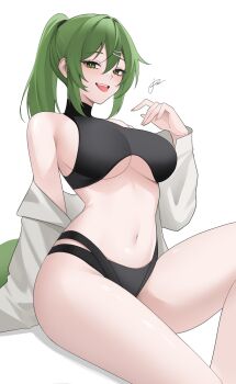 Rule 34 | absurdres, arknights, arknights: endfield, artist name, breasts, commentary request, fluorite (arknights), green eyes, grey hair, highres, large breasts, looking at viewer, open mouth, reinsouu, simple background, smile, tagme, tongue, tongue out, underboob, white background