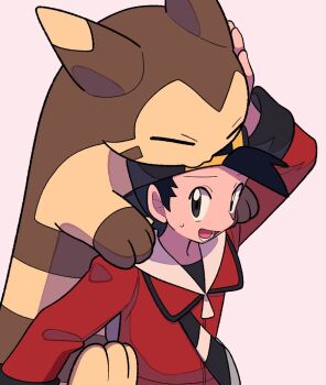 1boy backwards_hat baseball_cap black_hair carrying closed_eyes commentary_request ethan_(pokemon) furret gen_2_pokemon grey_bag hat jacket long_sleeves nintendo open_mouth piggyback pokemon pokemon_(creature) pokemon_hgss pokemon_on_back red_jacket short_hair simple_background smile sweatdrop teeth tyako_089