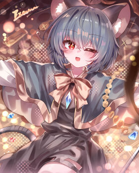 +_+ 1girl :d ;d absurdres animal_ear_fluff animal_ears black_skirt black_vest blush bow bowtie capelet coin commentary english_commentary gold_coin grey_capelet grey_hair highres jewelry long_sleeves looking_at_viewer medium_hair mouse_ears mouse_girl mouse_tail nazrin one_eye_closed open_mouth outstretched_arms pendant shirt signature skirt skirt_cutout smile solo spread_arms tail top-exerou touhou vest white_shirt yellow_bow yellow_bowtie