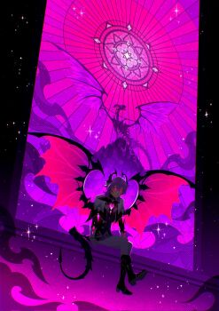 1boy black_boots boots curled_horns dragon_boy dragon_horns dragon_tail dragon_wings durin_(real)_(genshin_impact) ffluvy full_body genshin_impact gloves glowing glowing_eyes grey_gloves grey_pants hair_between_eyes hashtag-only_commentary highres horns looking_at_viewer male_focus mini_durin_(genshin_impact) mini_durin_(human)_(genshin_impact) pants pink_background pink_eyes purple_hair purple_horns purple_theme purple_wings short_hair sitting smile smoke solo sparkle spread_wings stained_glass statue tail window wings