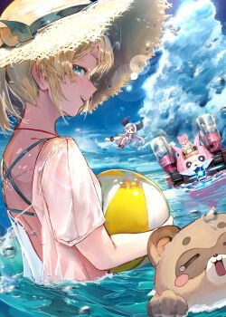 >_< 3girls absurdres animal_ears aqua_bikini aqua_eyes ball beach_volleyball bikini blonde_hair blue_sky cloud commentary_request day demon_girl demon_horns hakui_koyori hat highres holding holding_ball hololive horns kazama_iroha la+_darknesss long_hair looking_at_viewer multicolored_hair multiple_girls open_mouth outdoors partially_submerged pink_hair pokobee purple_bikini purple_hair purple_streaks short_hair sky smile solo_focus straw_hat streaked_hair swimsuit textless_version virtual_youtuber water wolf_ears wolf_girl xue_lian_wa_noel yellow_hat