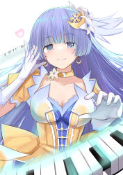 Rule 34 | 1girl, blue hair, blunt bangs, breasts, date a live, dress, earrings, elbow gloves, gloves, grey eyes, hair ornament, heart, izayoi miku, jewelry, large breasts, long hair, piano keys, puffy short sleeves, puffy sleeves, schreibe shura, short sleeves, smile, solo, yellow dress