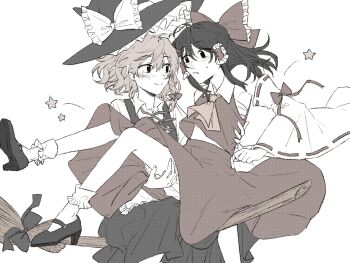 2girls apron ascot black_hat black_shoes black_skirt black_vest blonde_hair bloomers blush bow braid broom broom_riding brown_hair carrying carrying_person closed_mouth commentary_request detached_sleeves eye_contact frilled_bow frilled_hair_tubes frills hair_bow hair_tubes hakurei_reimu hat hat_bow high_heels hitte5416 kirisame_marisa long_hair looking_at_another multiple_girls muted_color neck_ribbon princess_carry red_bow red_ribbon red_skirt ribbon ribbon-trimmed_sleeves ribbon_trim shoes side_braid single_braid skirt skirt_set socks star_(symbol) touhou underwear vest waist_apron white_bloomers white_bow white_socks witch_hat yellow_ascot yellow_eyes yuri