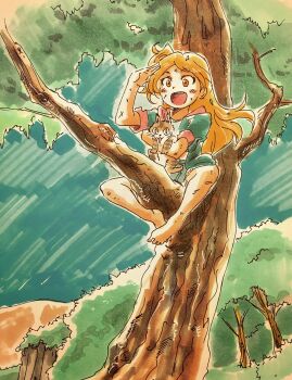 1girl :o akehaza animal arm_up barefoot blue_shorts blue_sky blush branch cat commentary denim denim_shorts dirty green_jacket highres holding holding_animal holding_cat idolmaster idolmaster_million_live! in_tree jacket knees_apart_feet_together kobun_(idolmaster) leaf marker_(medium) ogami_tamaki open_mouth orange_hair outdoors parted_bangs short_sleeves shorts sitting sitting_in_tree sky straddling teeth traditional_media tree upper_teeth_only wide_shot