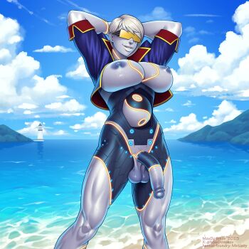 1girl absurdres alternate_hair_length_(shorter) android arms_behind_head artist_name beach black_skin blue_jacket breasts cloud cloudy_sky colored_nipples colored_skin commentary cropped_jacket day english_commentary feet_out_of_frame female_seth_(street_fighter) flaccid futanari glasses grey_hair grey_lips grey_nipples grey_skin hentai-foundry_username highres huge_breasts jacket large_penis max_domikov metal_skin multicolored_skin muscular muscular_female neon_trim nipples ocean official_alternate_costume official_alternate_hairstyle opaque_glasses open_clothes open_jacket orb penis popped_collar short_hair sky smile solo standing street_fighter street_fighter_v sunglasses testicles thick_thighs thighs tinted_eyewear twitter_username two-tone_skin uncensored very_short_hair yellow-tinted_eyewear yin_yang yin_yang_orb