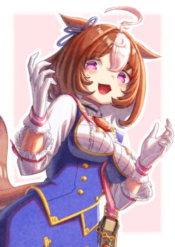 1girl ahoge animal_ears bag between_breasts blue_dress blush bow breasts brown_hair commentary_request creape double-parted_bangs dress ear_ribbon gloves hair_between_eyes hairband headband highres horse_ears horse_girl horse_tail large_breasts long_sleeves looking_at_viewer meisho_doto_(turbulent_blue)_(umamusume) meisho_doto_(umamusume) multicolored_hair open_mouth pink_hairband pink_headband purple_eyes shirt short_hair shoulder_bag solo strap_between_breasts sweatdrop tail two-tone_hair umamusume white_gloves white_hair white_shirt