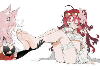 2girls absurdres ahoge animal_ears arknights ass barefoot black_gloves blush braid breasts cleavage earrings gloves green_eyes hair_ornament highres jewelry long_hair medium_breasts multiple_girls myrtle_(arknights) pink_hair pointy_ears pozyomka_(arknights) red_hair renxzd sitting smelling smelling_feet sunglasses white_background wolf_ears yuri
