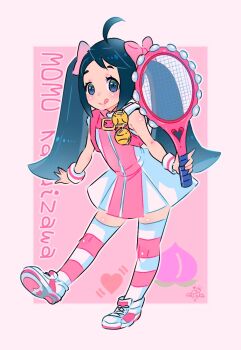 Rule 34 | 1girl, ball, capcom, full body, highres, justice gakuen, karuizawa momo, pantyhose, racket, ribbon, shoes, sneakers, solo, standing, striped clothes, striped pantyhose, tennis, tennis ball, tennis racket, tongue, tongue out, twintails