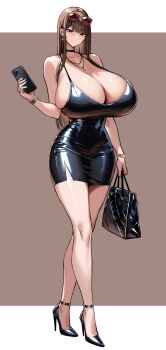 1girl absurdres bare_shoulders black_bag black_choker black_shoes blush bracelet breasts brown_hair choker closed_mouth earrings eyewear_on_head full_body gigantic_breasts gold_bracelet gold_necklace half-closed_eyes head_tilt high_heels highres huge_breasts jewelry katsuragi_yuzuha long_hair looking_at_viewer necklace one-piece_thong original phone red_eyes shoes smile solo spaghetti_strap standing straight_hair watch wolffeld_price yuzuha_(wolffeld_price)