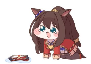 Rule 34 | 1girl, all fours, animal ears, blue eyes, blue skirt, brown hair, chibi, coat, commentary request, crying, crying with eyes open, domino mask, ear scrunchie, el condor pasa (el numero 1) (umamusume), el condor pasa (umamusume), eye mask, hair between eyes, horse ears, horse girl, long hair, long sleeves, mask, meme, nepty (silkey vod), red coat, simple background, skirt, solo, speakiposting (meme), tearing up, tears, umamusume, unworn mask, wavy eyes, white background