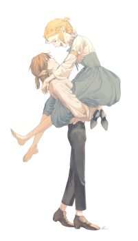 1boy 1girl arms_around_neck barefoot black_pants black_shoes blonde_hair braid breasts brown_shoes closed_eyes closed_mouth couple crown_braid earrings full_body grey_skirt hair_between_eyes half_updo hetero high-waist_skirt highres holding holding_shoes holding_unworn_clothes jewelry laughing link long_skirt looking_at_another medium_breasts medium_hair nintendo open_mouth pants parted_bangs pointy_ears ponytail princess_zelda pu_hegg shirt shoes short_ponytail sidelocks skirt smile the_legend_of_zelda the_legend_of_zelda:_breath_of_the_wild unworn_shoes white_background white_shirt