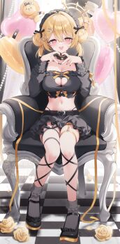 1girl balloon belly belt birthday black_belt black_hairband black_ribbon black_shoes black_skirt blonde_hair breasts choker cleavage_cutout clothing_cutout commentary_request flower grey_socks hair_ribbon hairband heart heart_choker highres hinata_mashu legs nanashi_inc. navel ribbon rose shoes shu_bii sitting skirt socks virtual_youtuber watermark