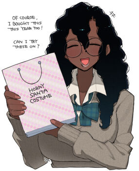 +++ 1girl ^_^ bag black_hair blue_ribbon blush breasts broccoli_(ohasi) cardigan closed_eyes collared_shirt commentary dark-skinned_female dark_skin english_text face_piercing facing_viewer hands_up holding holding_bag kinky_hair large_breasts lip_piercing long_hair long_sleeves neck_ribbon nose_piercing nostril_piercing ohasi open_mouth original piercing ribbon school_uniform shirt shopping_bag side_labret_piercing sleeves_past_wrists smile solo symbol-only_commentary very_dark_skin