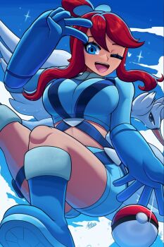 1girl ass axlhearts blue_eyes blue_sky boots breasts cloud crop_top gen_5_pokemon gloves highres large_breasts long_hair midriff nintendo one_eye_closed pokemon pokemon_bw pokemon_sm red_hair shorts sky skyla_(pokemon) swanna teeth upper_teeth_only v