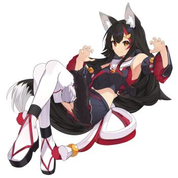 1girl absurdres animal_ears bell black_hair black_serafuku black_shirt black_skirt black_sleeves black_tail borumete choker claw_pose commentary_request commission cropped_shirt cross-laced_slit detached_sleeves double-parted_bangs flipped_hair full_body hair_ornament hairclip highres hololive jingle_bell kouhaku_nawa long_hair looking_at_viewer low-tied_long_hair midriff miniskirt multicolored_hair navel neckerchief necktie ookami_mio ookami_mio_(1st_costume) pleated_skirt red_choker red_hair red_neckerchief red_necktie rope sailor_collar sandals school_uniform serafuku shimenawa shirt side_slit sidelocks skirt sleeveless sleeveless_shirt smile solo streaked_hair tabi tail tail_around_own_leg tail_wrap thighhighs very_long_hair virtual_youtuber white_hair white_sailor_collar white_thighhighs wolf_ears wolf_girl wolf_tail yellow_eyes zouri