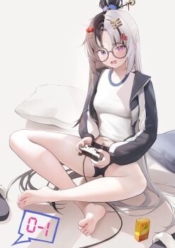 1girl absurdres anger_vein barefoot black_hair black_shorts blush breasts commentary_request commission controller cushion game_controller glasses hair_ornament hair_stick hairclip heterochromia highres holding holding_controller holding_game_controller indian_style jacket juice_carton long_hair looking_at_viewer multicolored_hair navel no_pants open_clothes open_jacket original parted_bangs pink_eyes purple_eyes round_eyewear sandals seven-segment_display shirt shorts sitting small_breasts soles solo split-color_hair toes two-tone_hair unworn_sandals very_long_hair wavy_mouth white_hair white_shirt zhenli-mari
