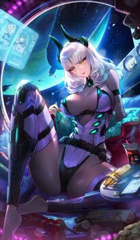 1girl belt bodysuit breasts carmilla_(fate) fake_horns fate/grand_order fate_(series) horns jacket large_breasts long_hair looking_at_viewer off_shoulder official_art purple_bodysuit red_jacket redrop smile spread_legs thighs white_hair yellow_eyes