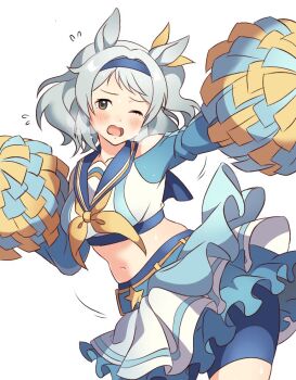 1girl alternate_costume animal_ears belt bike_shorts blue_belt blue_hairband blue_sailor_collar blue_shorts blush breasts brown_eyes com_draw_ouo cosplay cropped_shirt grey_hair hairband hishi_miracle_(umamusume) holding holding_pom_poms horse_ears horse_girl long_sleeves looking_at_viewer medium_breasts medium_hair midriff navel neckerchief one_eye_closed open_mouth pom_pom_(cheerleading) pom_poms sailor_collar sakura_bakushin_o_(red-hot_leader)_(umamusume) sakura_bakushin_o_(umamusume) sakura_bakushin_o_(umamusume)_(cosplay) shirt shorts shorts_under_skirt simple_background skirt solo umamusume white_background white_shirt white_skirt yellow_neckerchief