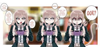 1girl :o absurdres animal_ears black_jacket blurry blurry_background breasts brown_hair brown_skirt closed_mouth cowboy_shot danganronpa_(series) danganronpa_2:_goodbye_despair dress_shirt english_text erasethismail flipped_hair furrification furry furry_female handheld_game_console highres holding holding_handheld_game_console jacket large_breasts long_sleeves medium_hair monkey_ears monkey_girl monkey_tail nanami_chiaki neck_ribbon no_hair_ornament open_clothes open_jacket pink_eyes pink_ribbon pleated_skirt ribbon shirt skirt speech_bubble tail white_shirt