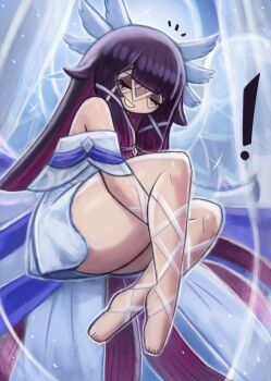 ! 1girl barefoot black_hair closed_eyes columbina_(genshin_impact) dress floating full_moon genshin_impact grin hair_ornament head_wings hugging_own_legs light_rays long_hair moon multicolored_hair night night_sky off-shoulder_dress off_shoulder purple_hair sky smile sparkle teeth thick_thighs thighs tony_welt two-tone_hair white_dress wings x_hair_ornament