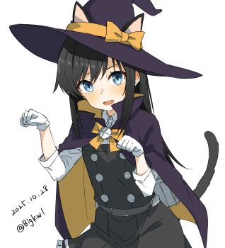 1girl absurdres animal_ears asashio_(halloween)_(kancolle) asashio_(kancolle) asashio_kai_ni_(kancolle) bigkwl black_cape black_hair blue_eyes blush bow bowtie buttons cape cat_ears cat_tail collared_shirt commentary cowboy_shot dated dated_commentary double-breasted dress dress_shirt gloves halloween_costume hands_up hat hat_bow highres kantai_collection long_hair looking_at_viewer one-hour_drawing_challenge open_mouth paw_pose pinafore_dress searchlight shirt simple_background sleeveless sleeveless_dress solo tail twitter_username two-sided_cape two-sided_fabric white_background white_gloves white_shirt witch_hat yellow_bow yellow_bowtie