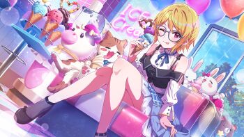 1girl balloon bear blonde_hair braid buttons cat cloud english_text food game_cg glasses high_heels holding ibuki_tsubasa ice_cream ice_cream_cone idolmaster idolmaster_million_live! idolmaster_million_live!_theater_days licking_lips neck_ribbon official_art one_eye_closed purple_eyes rabbit ribbon sitting stuffed_animal stuffed_toy tongue tongue_out tree window