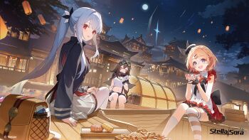 Rule 34 | 3girls, :3, ^ ^, ahoge, almond, architecture, asymmetrical legwear, backless jacket, bag, black gloves, black hair, black jacket, blue eyes, boat, braid, breasts, brown bag, brown thighhighs, cashew, closed eyes, commentary, commentary request, crown braid, donna (stella sora), dress, east asian architecture, english commentary, envelope, fingerless gloves, flower, food request, freesia (stella sora), frilled dress, frills, full moon, gloves, goggles, goggles on head, grey hair, grey skirt, hair ornament, hairclip, heterochromatic eyewear, highres, holding, holding envelope, holding flower, jacket, kexue, lantern, long hair, long sidelocks, long sleeves, medium breasts, messenger bag, miniskirt, mismatched legwear, monolith (object), moon, mooncake, multiple girls, night, night sky, nut (food), official art, on boat, orange hair, outdoors, paper lantern, parallel hairclips, pinstripe pattern, pinstripe shirt, pleated skirt, ponytail, post haste (stella sora), red dress, red eyes, red shirt, shirt, short dress, short hair, shoulder bag, sidelocks, sitting, skirt, sky, sleeveless, sleeveless dress, socks, stella sora, striped clothes, striped thighhighs, teresa (stella sora), thigh strap, thighhighs, tied shirt, tinted eyewear, uneven legwear, untucked shirt, very long hair, watercraft, white shirt, white socks