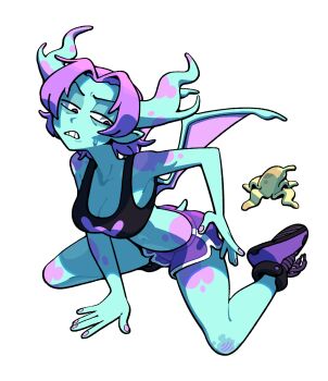 bags_under_eyes banana_peel blue_skin breasts colored_skin commentary demon_girl demon_horns demon_tail demon_wings discount-supervillain english_commentary grimace highres horns large_breasts navel original pink_hair pink_nails pointy_ears purple_shorts shoes short_hair short_shorts shorts sitting sneakers solo sports_bra spots spotted_skin sweat tail teeth transparent_background wariza wings