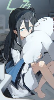 1girl absurdres aris_(blue_archive) barefoot black_hair blue_archive commentary_request expressionless hair_between_eyes halo highres hugging_object long_hair looking_at_viewer looking_to_the_side mi_kan_(1101515378) sitting solo stuffed_toy