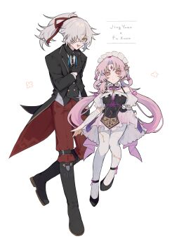 1boy 1girl :d adapted_costume alternate_costume alternate_hairstyle ankle_strap black_boots black_gloves black_jacket black_shoes black_vest boots butler character_name chinese_clothes closed_mouth colored_eyelashes commentary_request curtained_hair detached_sleeves floating floating_hair forehead_jewel frills fu_xuan_(honkai:_star_rail) full_body gem gloves hair_ornament hair_over_one_eye hair_ribbon hair_rings half_gloves halterneck hand_on_own_chest height_difference highres honkai:_star_rail honkai_(series) inagoinaire jacket jewelry jing_yuan knee_boots leg_up long_hair long_sleeves looking_at_viewer low_twintails maid maid_headdress miniskirt mole mole_under_eye one_eye_covered open_mouth pants pantyhose pelvic_curtain pink_hair pink_skirt ponytail puffy_short_sleeves puffy_sleeves purple_gemstone qi_maid raised_eyebrows red_pants red_ribbon ribbon ring shin_strap shoes short_sleeves side-by-side simple_background skirt skirt_hold smile standing standing_on_one_leg suit_jacket tailcoat tassel tassel_hair_ornament twintails vest waistcoat white_background white_hair white_pantyhose white_sleeves white_tailcoat wing_collar yellow_eyes
