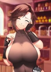 1girl alternate_breast_size_(larger) animated artist_name bare_shoulders belt blush breasts brown_hair closed_eyes collarbone cookie covered_navel eating food gloves hand_on_own_cheek hand_on_own_face huge_breasts jiggle large_breasts leotard lulu-chan92 revealing_clothes ruby_rose rwby segal03 shelf short_hair sideboob simple_background skin_tight smile solo third-party_edit upper_body video