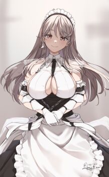 1girl absurdres apron artist_name azur_lane between_breasts blurry blurry_background breasts charybdis_(azur_lane) cleavage cleavage_cutout clothing_cutout collared_dress commentary commission criss-cross_straps dated dress elbow_gloves english_commentary frilled_apron frilled_hairband frills gloves grey_background grey_eyes grey_hair hair_between_eyes hairband halter_dress halterneck highres large_breasts long_hair looking_at_viewer maid maid_apron maid_headdress own_hands_together pixiv_commission see-through_clothes see-through_dress sleeveless sleeveless_dress smile solo standing strap sundajin_asagi underboob underboob_cutout very_long_hair white_apron white_dress white_gloves