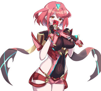 1girl absurdres black_gloves blush bob_cut breasts cellphone chest_jewel commentary core_crystal_(xenoblade) covered_navel cowboy_shot earrings fingerless_gloves gem gloves green_gem highres holding holding_phone impossible_clothes jewelry large_breasts phone pyra_(xenoblade) red_eyes red_hair red_shorts short_hair short_shorts shorts simple_background smartphone solo swept_bangs tiara white_background xenoblade_chronicles_(series) xenoblade_chronicles_2 zhe79