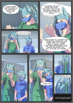 bat_wings comic furry furry_female furry_male highres hospital ivy_the_wolfcat justamedicalbat mask medical_scrubs mouth_mask original shiky_the_bat speech_bubble surgical_cap surgical_mask wings